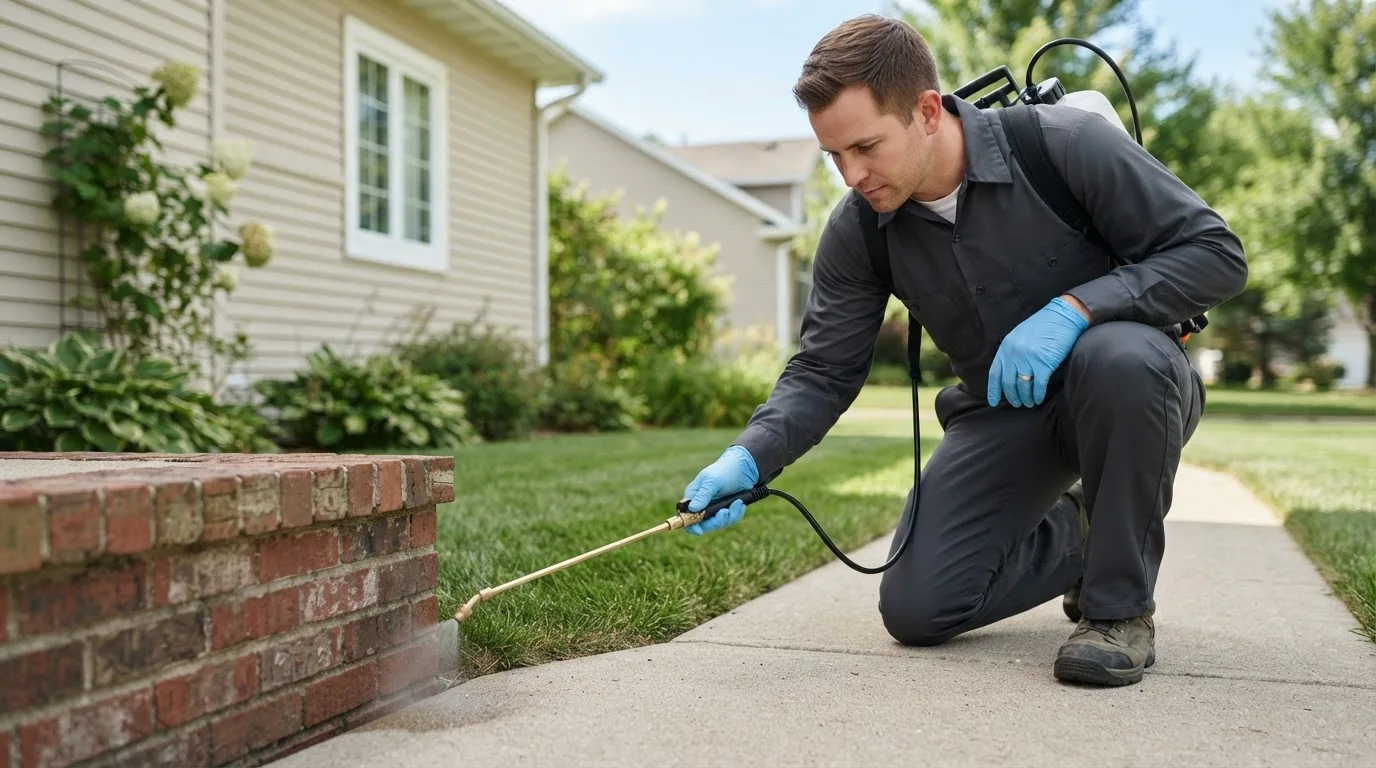 Pest control technician treating a home near Moyock, NC
